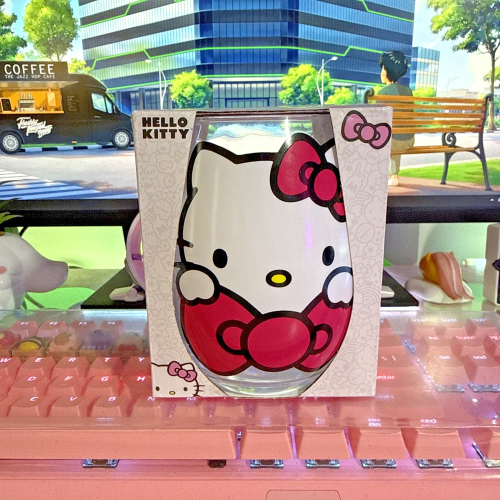 Hello Kitty Stemless Glass 20oz Clear Cup 2023 Pink Bow Sanrio Tear Drop